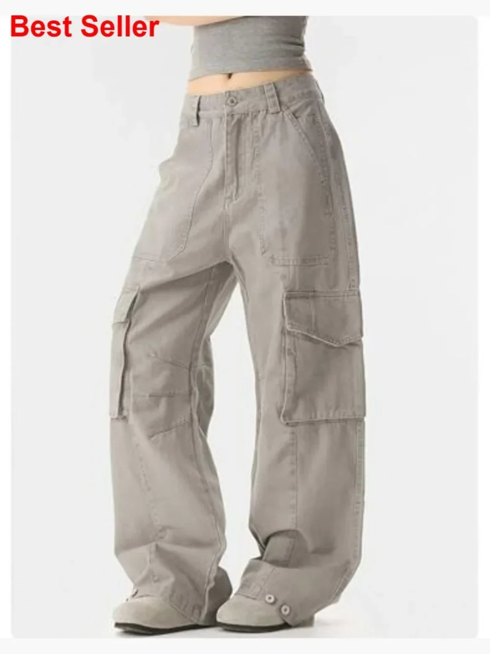 Cotton Polycotton Cargo Pants High Waisted Baggy Wide Leg - Picture 2 of 6